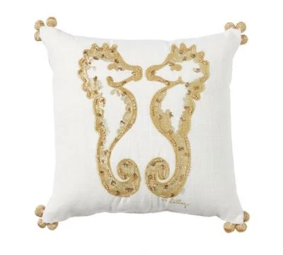 LILLY PULITZER HOLD YOUR HORSES EMBROIDERED REVERSIBLE PILLOW SEAHORSES $59.50 - Image 1 of 4