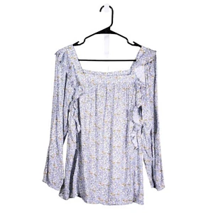 Chaps Ralph Lauren Women's Blouse Blue White Floral Ruffle Peasant Boho Top M - Picture 1 of 8
