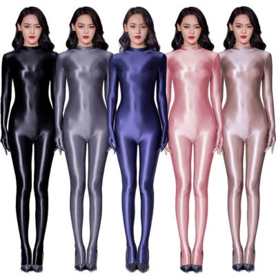 Womens Shiny Satin Glossy Catsuit Lingerie Wetlook Bodysuit Jumpsuit with Gloves - Image 1 of 4