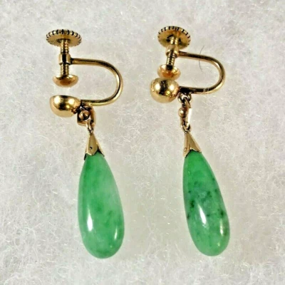 Pendientes colgantes chinos vintage de oro macizo de 14K y jade con marca Foto 1 de 4