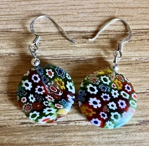 Carini Orecchini Pendenti Arte Millefiori Gancio Goccia Argento Sterling Perline Rotonde Fiori - Foto 1 di 6