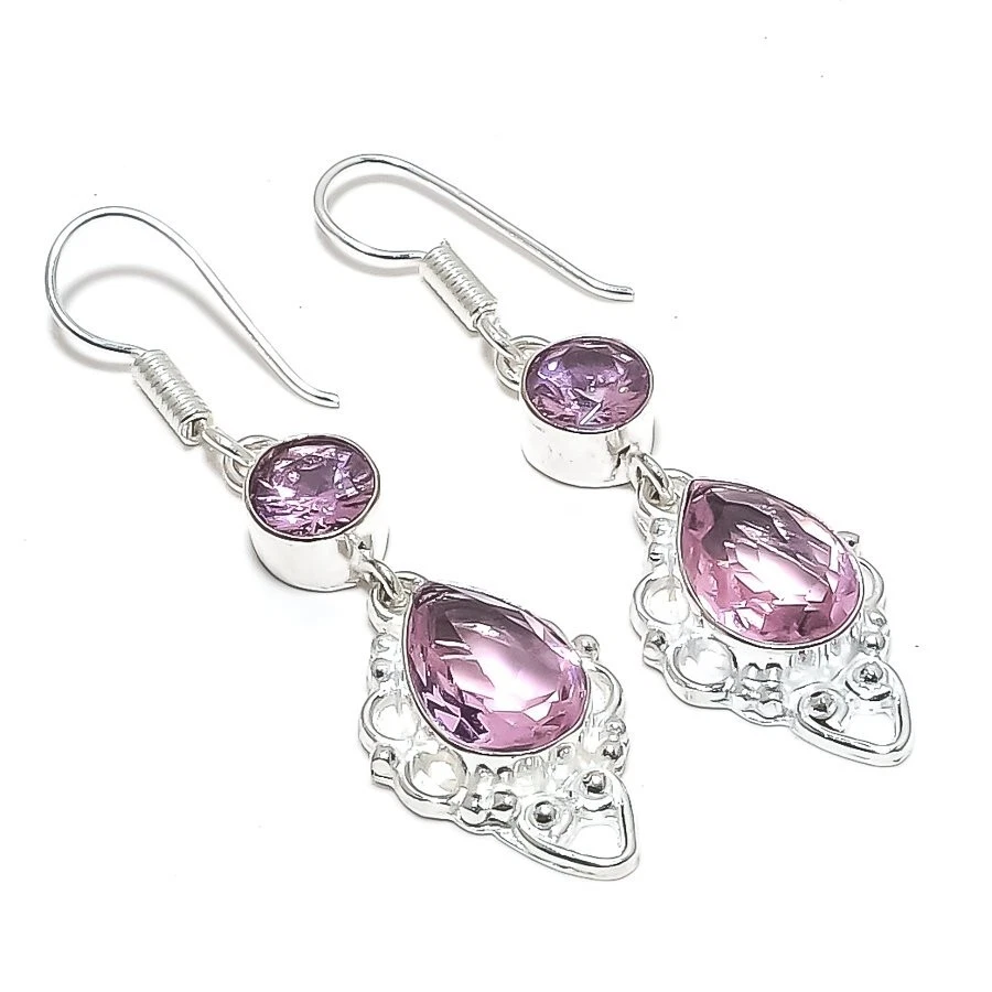 Pink Morganite Gemstone 925 Sterling Silver Handmade Jewelry Earring Size 2.25" - Image 1 of 1