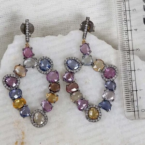 Pendientes colgantes de diamantes de plata 925 maciza con múltiples zafiros naturales joyas - Imagen 1 de 10