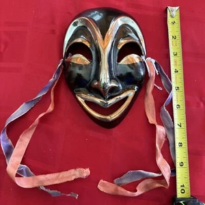 Vintage Mardi Gras Hand Painted Ceramic Face Mask Brown & Gold 7.5” Long - Picture 1 of 8