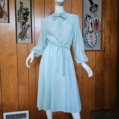 Vestido de Colección Años 70 Preppy Coño Arco Transparente Obispo Polvo Azul Secretaria Cintura Camisa L Foto 1 de 4