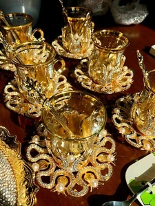 Turkish Coffee Tee Mug Cup Glass Set w Saucers Holders Spoons Crystal Pearls 6PK - Picture 1 of 8