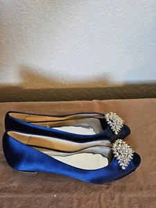 Badgley Mischka Davis Embellished Peep Toe Blue Satin Flat Slip On Shoe Size 6.5 - Picture 1 of 5