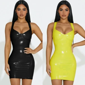 Women PVC Faux Leather Mini Bodycon Sleeveless Party Sexy Low Cut WET LOOK Dress - Picture 1 of 21