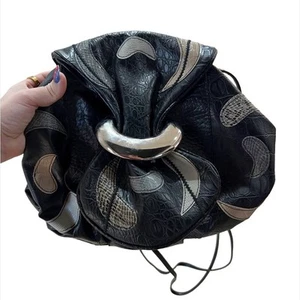 VINTAGE 80s Black Faux Leather Patch Round Flap Buckle Shoulder Bag - Picture 1 of 6