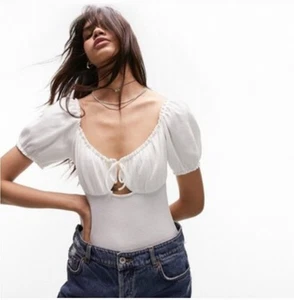 Topshop White Puff Sleeve Waffle Knit Cutout Milkmaid Bodysuit Size Medium - Picture 1 of 12