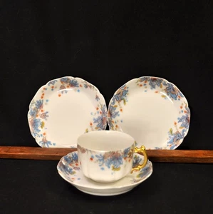 Haviland Cup & 3 Saucers Blue Florals w/Gold Handle 1889-1896 Pompadour 14 Mold - Picture 1 of 24