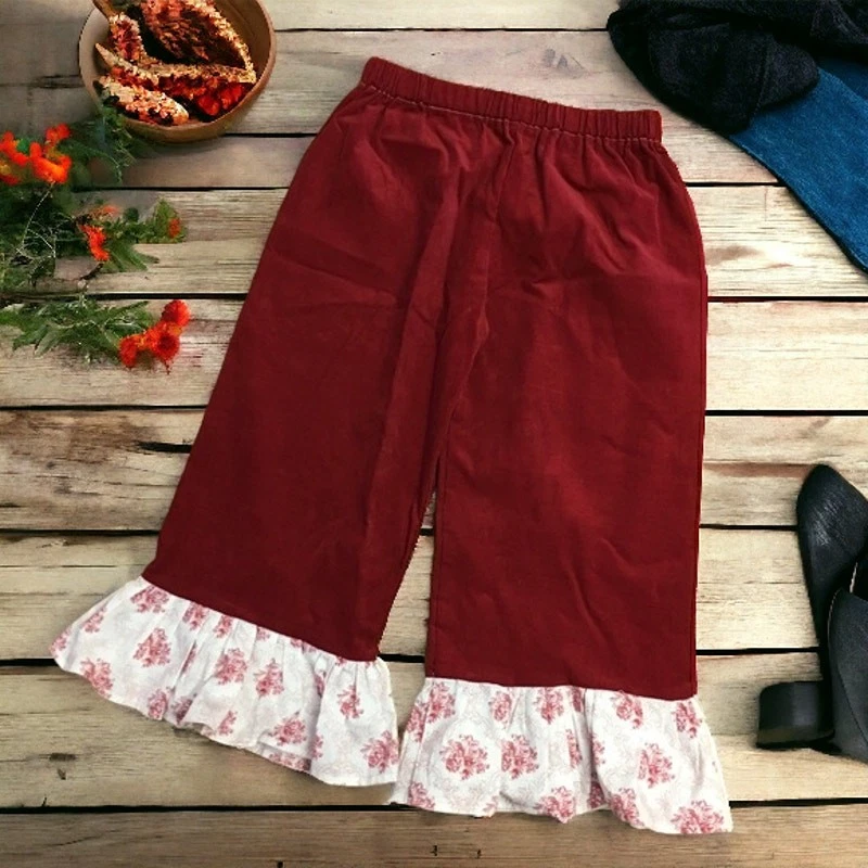 Pantalones Boutique Hechos a Mano Niñas Talla 4 Hechos a Mano Rojo Oscuro Pana Blanco Floral Foto 1 de 3