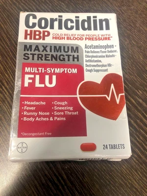 Coricidin HBP Multi -Symptom Flu and Cold Relief Tablets 24 tablets EXP. 1/2026 - Image 1 of 2