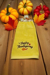Thanksgiving Hanging Dishtowel "Happy Thanksgiving" Monogram Yellow Towel - Picture 1 of 6