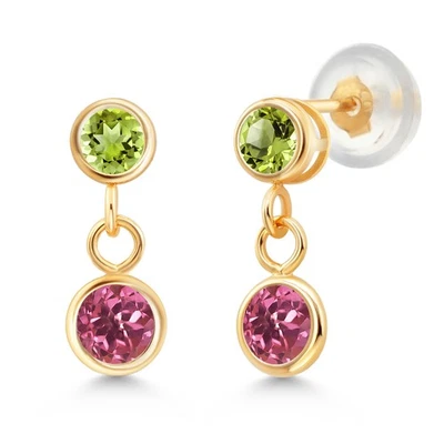 Pendientes colgantes colgantes para mujer de turmalina rosa y peridoto de oro amarillo de 14K Foto 1 de 4