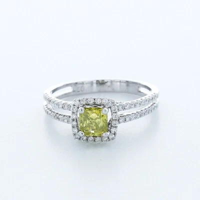 Anillo de diamantes laterales con halo de oro de 18 k con diamantes naturales certificados princesa SI1 amarillo de 2 quilates Foto 1 de 4