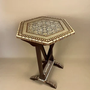 Middle Eastern Inlaid Side Table Mother of Pearl Hexagonal Marquetry End Table - Picture 1 of 15
