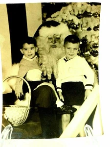 My Photo With Santa Claus Two Young Brothers B&W 5" x 7" circa 1953 - Picture 1 of 6