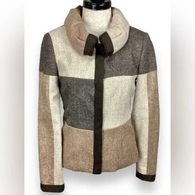Chaqueta Blazer Worth Marrón Colorblock Tweed Talla 4 Cuello Enrollado llamativo Tostado Foto 1 de 4