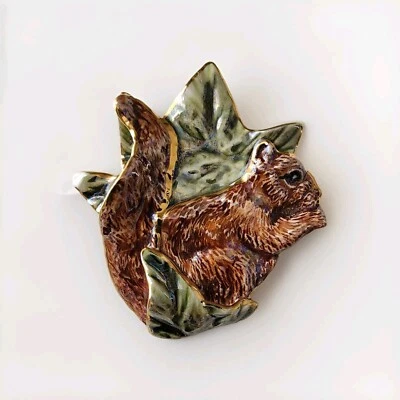 Vintage Hand Painted Luster Enamel Porcelain Squirrel Brooch Gold Accent 3” - Image 1 of 4