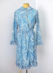 Vtg 70s Mod Aqua Blue Paisley Poly Knit Asym Wrap Dress Accordion Ruffles M/L  - Picture 1 of 7