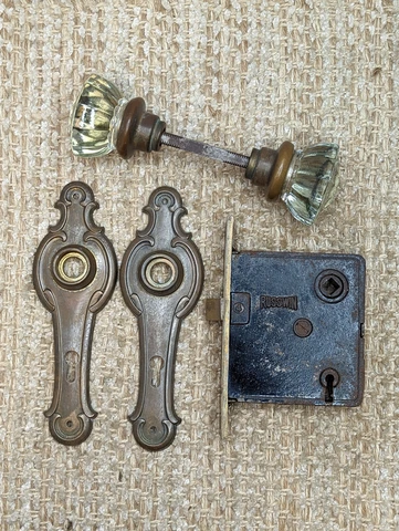 Antique Russwin Interior Mortise Lock #0389, Glass Door Knobs & Brass Door Knob Cover