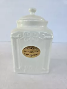 THL Classic French Chic Rose Tea Canister & Lid White Kitchen Gold Emblem - Picture 1 of 4