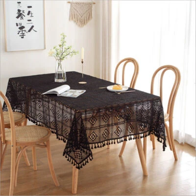 Black Vintage Cotton Crochet Lace Tablecloth Dining Kitchen Table Cover Party - Image 1 of 4