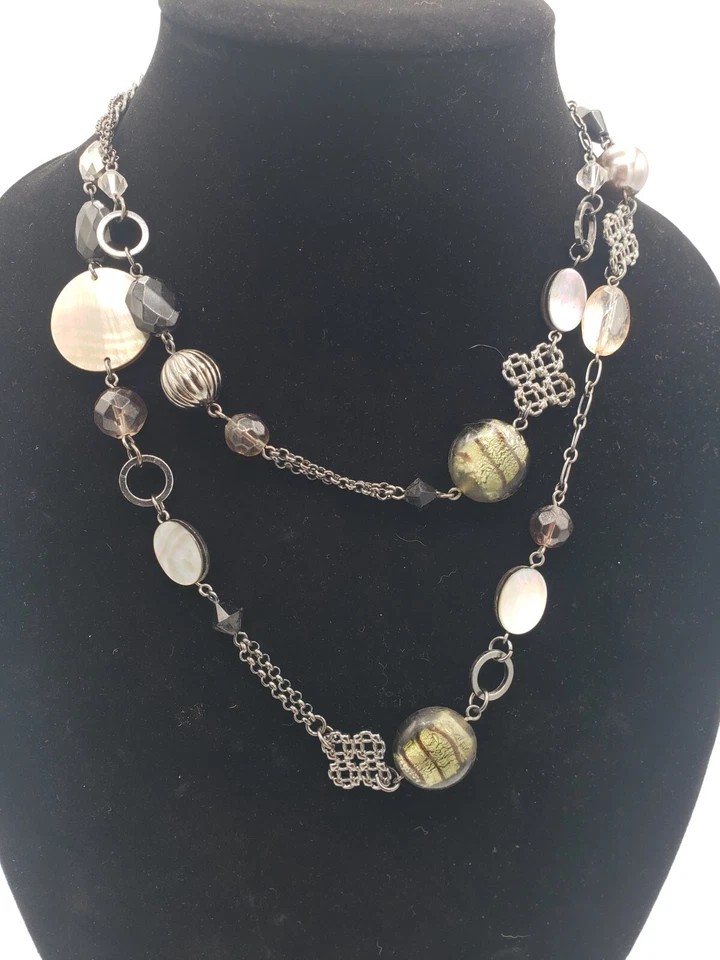 Collar Lia Sophia Doble Hilo Mujer 18" Tono Plata Perlas Abulón Cuentas Foto 1 de 4