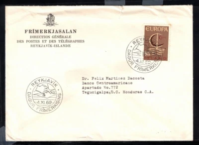 1969 Iceland Europa FDC Postal Department to Honduras Received in Poor Condition - Image 1 of 2