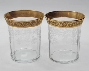 Tiffin Franciscan Clear Etch Gold Encrusted Whiskey Glass •S/2 Disc. Rare 2.5"H - Picture 1 of 14