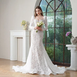 Vestido de novia sirena invitada de boda encaje mangas largas cuello cuadrado apliques - Imagen 1 de 9