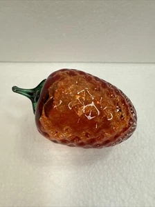 Strawberry Fruit Blown Glass Red With Green Stem - Picture 1 of 6