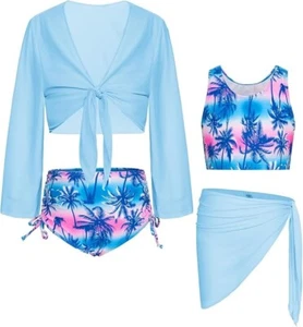 Girls 2 pc Swimsuit with 2 pc mesh cover up GRACE KARIN Blue sz 10 yrs - Picture 1 of 9