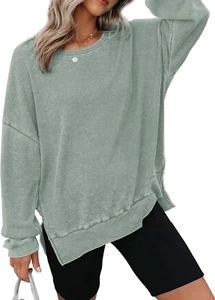 Dokotoo Womens Oversized Waffle Knit Crewneck Sweatshirts Long Sleeve Side Slits - Picture 1 of 12