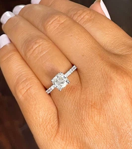 14k White Gold Cushion Moissanite And Natural Diamonds Engagement Ring 2.20CT - Picture 1 of 12