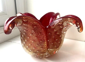 RARE Vintage Murano Barovier & Toso cased gold flake & bubble glass tulip bowl - Picture 1 of 21