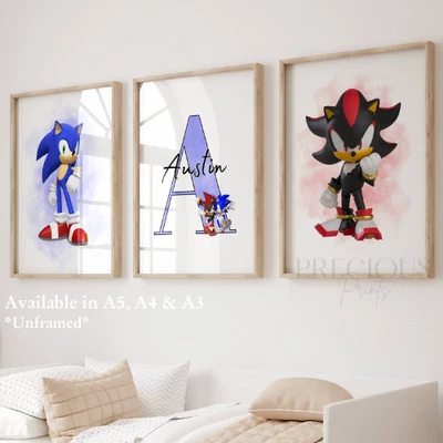 Set of 3 Childrens Personalised Sonic and Shadow Bedroom Print / Unframed - Image 1 of 4