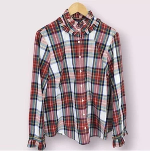 J Crew Top Donna XS Rosso Plaid Ruffle Vacanze Bottoni Classico Preppy Academia - Foto 1 di 8