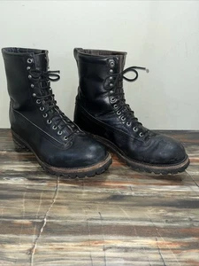 Vintage Logger Größe 12D Vibram Sohlen schwarz Leder 8" Herren Stiefel weich runde Spitze sehr guter Zustand - Bild 1 von 23