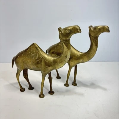 Brass CAMEL FIGURINES 9" Large 608g x 2 Dromedary Duo Vintage Ornaments - Image 1 of 4