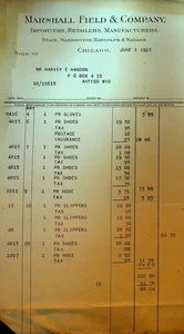 Marshall Field Invoice June 1 1921 Gloves Shoes Slippers Chicago Illinois - Picture 1 of 1