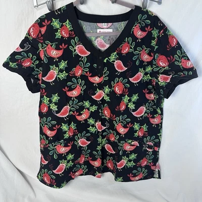 White Cross Women’s XL Scrub Top – Red Cardinal & Holly Print 🎄🕊️ - Image 1 of 4