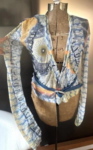 Stunning vtg Jean Paul Gaultier name print, blue gold ruched mesh top, L( M/S) - Picture 1 of 13
