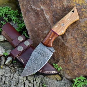 Cuchillo de caza de acero Damasco hecho a mano: mango de madera de rosa y olivo, funda de cuero - Imagen 1 de 6