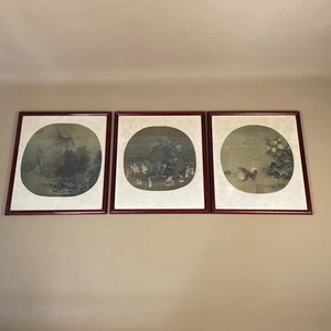 Set of 3 Antique Japanese Paper Book Cutting Picture Oriental Artwork Fan Wooden - Picture 1 of 13