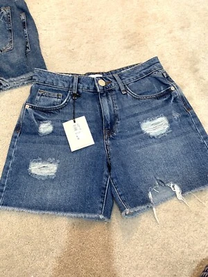 River Island Distressed Boyfriend Mid Rise Blue Denim Shorts UK 6 £32! BNWT. - Image 1 of 4
