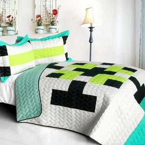 3 PC Tetris C Vermicelli Queen Quilt Shams geometric green blue - Picture 1 of 1