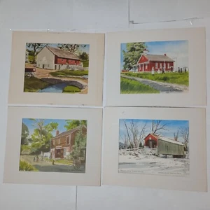Vintage Davis Gray Watercolor Paintings Schoolhouse Barn Blacksmith Lot Of 4 - Picture 1 of 14