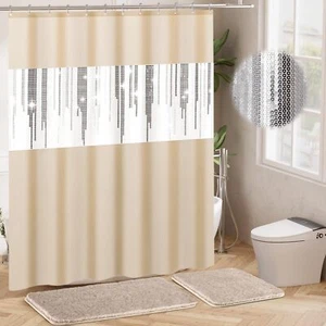 Shower Curtain Set Beige Bathroom Sets with Shower Curtain and Rugs Glitter W... - Picture 1 of 7